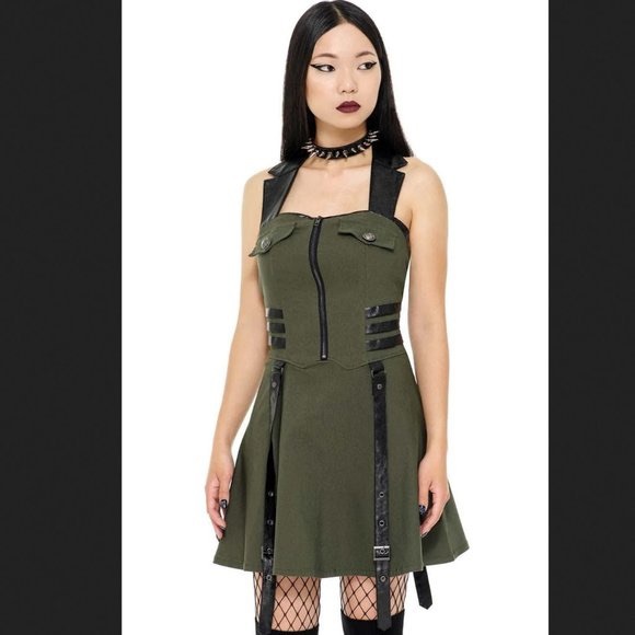 ‼️NWT‼️HTF‼️KILLSTAR PSY-OPS Halter Dress KHAKI Navy Green XS - Picture 2 of 3